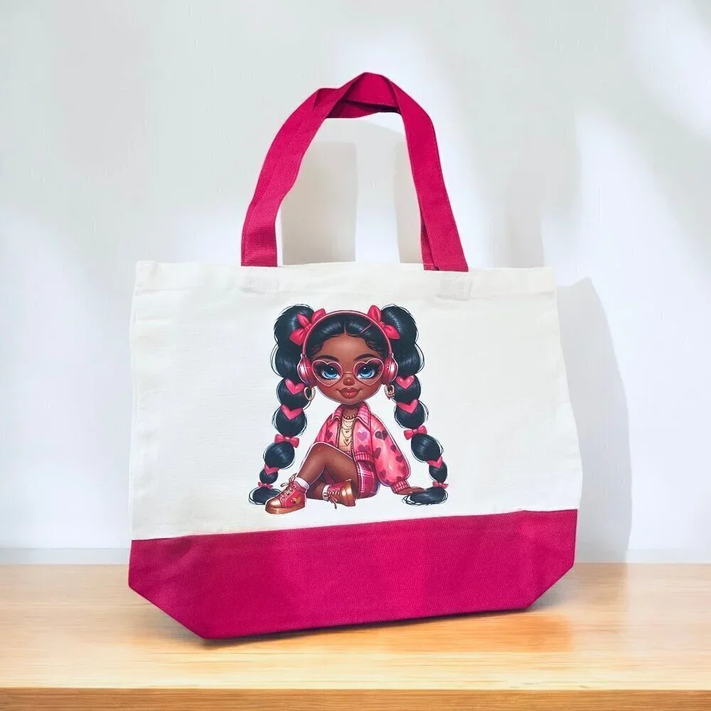 Large Magenta & White with Trendy Girl Graphic Canvas Tote - New - Picture 2 of 5